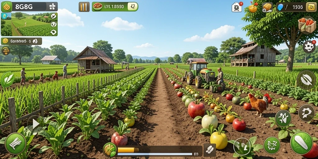 Tampilan gameplay seru dalam 8G8G dengan pertanian yang indah.