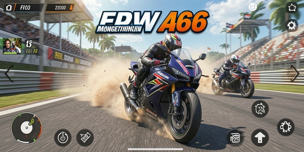 Screenshot gameplay FW66 menampilkan balapan motor yang seru dan grafis menawan.
