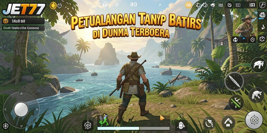 Screenshot gameplay JET77 yang menampilkan eksplorasi dunia terbuka.