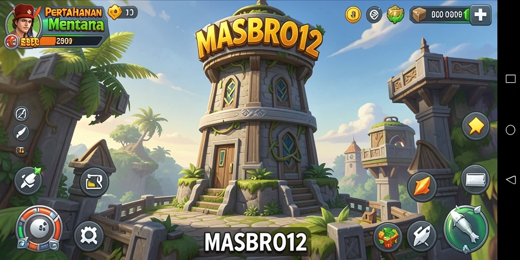 Screenshot permainan MASBRO12 yang menunjukkan aksi menara dan musuh.