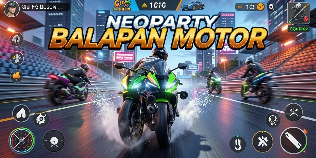 Screenshot gameplay NEOPARTY menunjukkan balapan penuh aksi.